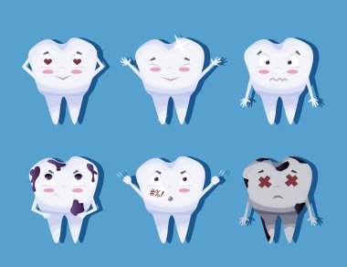 Çizgi film tarzında dizilmiş sevimli diş karakterleri. Etiket tasarımı için farklı duygulara sahip dişler. Vektör illüstrasyonu EPS10