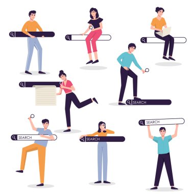 Barları ve internette gezinen insanları ara, internette sörf yap. Kişiselleştirilmiş arama sonuçları, SEO optimizasyonu ve bulucu karakter vektörü belirlenmiş arama çubuğu