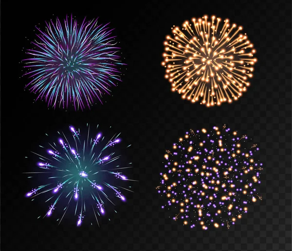Festive patterned firework bursting in various shapes sparkling pictograms set. Bright fireworks. Vector illustration