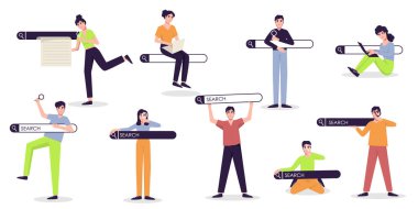 Barları ve internette gezinen insanları ara, internette sörf yap. Kişiselleştirilmiş arama sonuçları, SEO optimizasyonu ve bulucu karakter vektörü belirlenmiş arama çubuğu