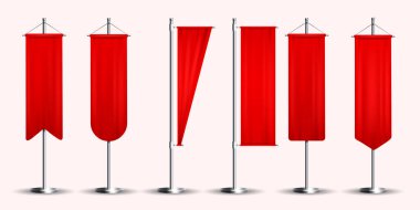 Realistic banner flags. 3D red blank textile signs and waving fabric for advertising. Royal flags, hanging pennant and silk banners