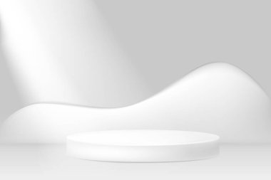 Beyaz 3d yuvarlak podyum vektör çizimi. Sahne arkası. Yuvarlak kaide. Işıklı sahne podyumu, Sahne Podyumu Sahnesi