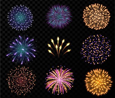 Festive patterned firework bursting in various shapes sparkling pictograms set. Bright fireworks. Vector illustration