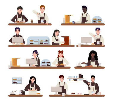 Group of cafe workers. Barista in apron making Coffee, cappuccino, pouring milk to coffee. Cafe bar background. hand drawn style