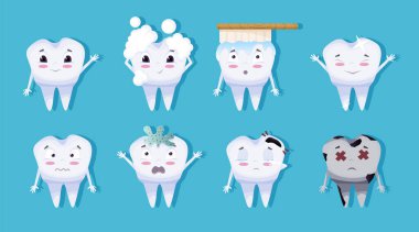 Çizgi film tarzında dizilmiş sevimli diş karakterleri. Etiket tasarımı için farklı duygulara sahip dişler. Vektör illüstrasyonu EPS10