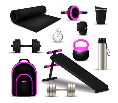 Realistic fitness elements. Gym women accessories, girls yoga objects, different sport devices. Realistic gym accessories energy sport symbols for healthy lifestyle