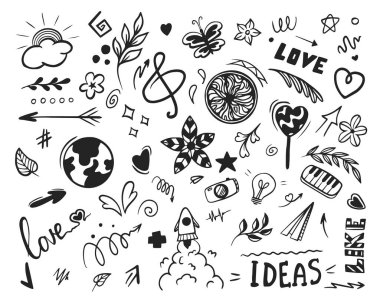 Doodle Tasarım Elementleri Vektörü seti. Bir dizi yaratıcılık karalaması