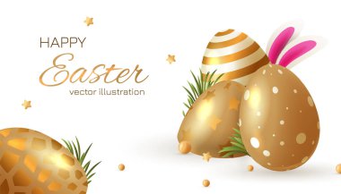 Happy easter. Festive background design with realistic colorful eggs, easter bunny. Vector illustration greeting card, ad, promotion, poster, flyer, web-banner, article, social media