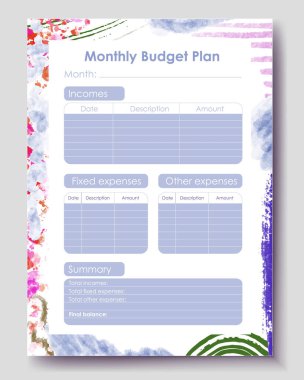 Vector planner pages templates. Budget planner template. Daily, weekly, monthly, project, budjet and meal planners. Vector illustration