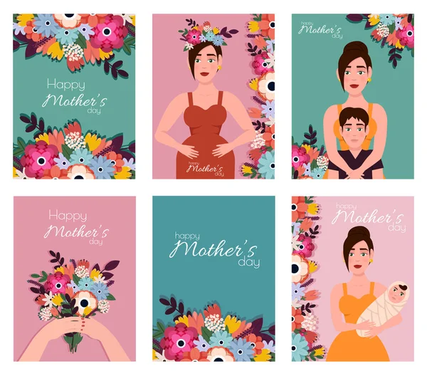 Happy Mothers Day. Mothers Day greeting cards set with text. Mom holiday postcards designs, backgrounds with spring flower bouquet, cute children, kids.