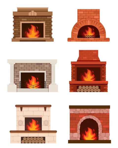 Fireplace Color Flat Icons Set Fireplaces Hearths Design Elements Set — Stock Vector