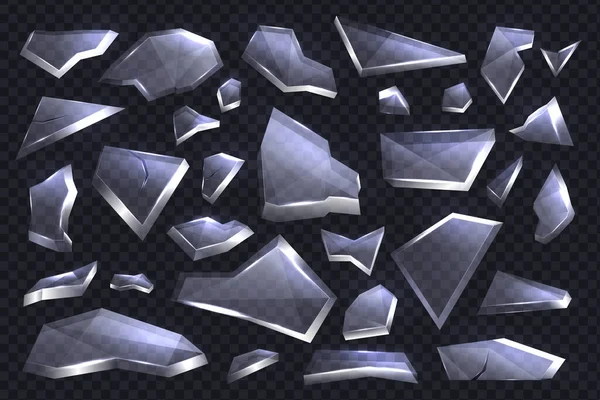 Zerbrochene Glasscherben Auf Transparentem Hintergrund Realistische Explosionsscharfe Teilchen Verschiedene Teile — Stockvektor