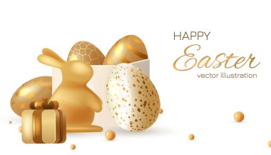 Easter day design. Realistic gifts boxes. Happy Easter lettering background with 3D realistic golden glitter decorated eggs, confetti.