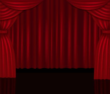 Realistic red curtains and stage with fairy glow, vector background. Award show. Stage red drapery and spotlights. Movie night or showtime.