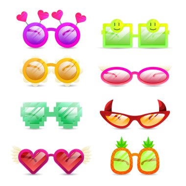 Glasses colorful vector set illustration. Carnival Glasses Realistic Set. Glasses summer symbol. Glasses set for traveling design.