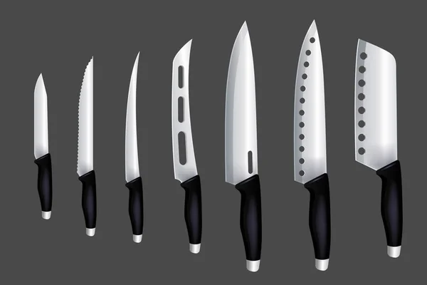 Couteaux Cuisine Suspendus Ensemble Isolé Chef Viande Hachette Coupe Types — Image vectorielle