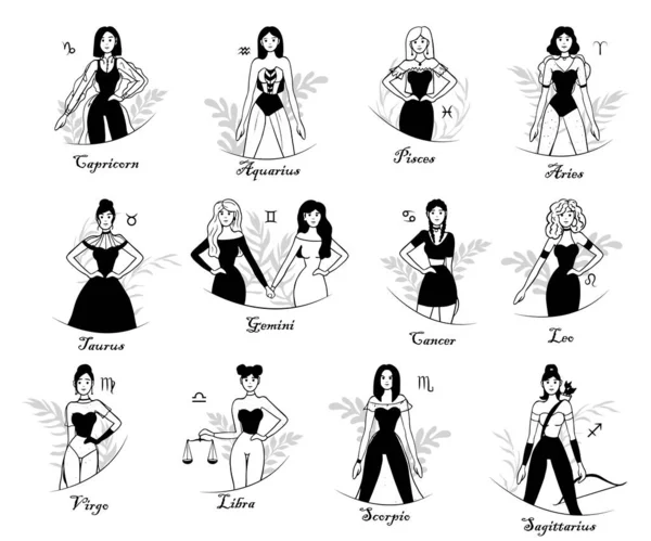 Kompozycje Dziewczynami Postaci Znaków Zodiaku Ręcznie Rysowane Wektorowe Abstrakcyjne Ilustracje — Wektor stockowy