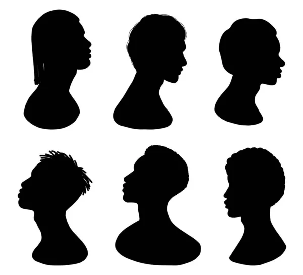 Zestaw Wektorowych Czarnych Mężczyzn Kobiet Profil Ludzi Sylwetki Ilustracja Wektora — Wektor stockowy