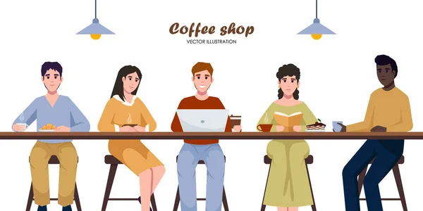 People Coffeehouse Flat Young People Communicating Working Coffeehouse People Relax — Stockvektor