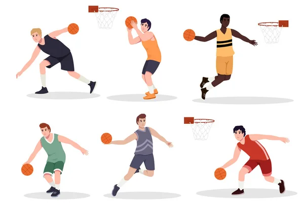 Basketball Player African American White Men Playing Guys Jumping Ball — Stock vektor