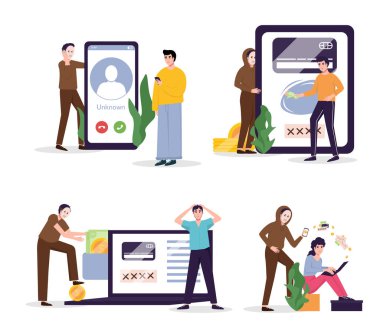 Internet fraud and scam. Online hackers at phishing, cyber crime, theft of personal data, password, bank information and money. Thief blackmailing people