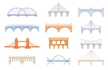 İnşaat vektör karikatür köprüsü simgesi ayarlandı. Renkli grafik tasarımı. Carriageway ile Köprüler, Şehir Geçidi Mimarisi ve Ulaşım İnşaatı