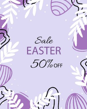 Easter sale banner. Trendy design with typography, hand painted plants, dots, eggs and bunny