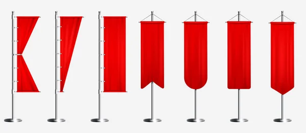 Realistic Banner Flags Red Blank Textile Signs Waving Fabric Advertising - Stok Vektor