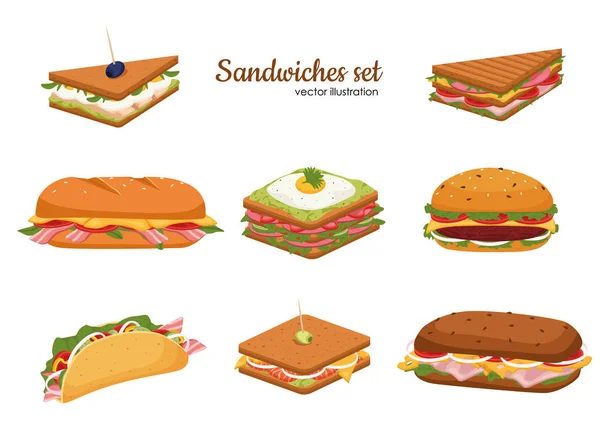 Subs Sandwiches Black Wheaten Bread Delicious Panini Vegetables Salmon Meat — 스톡 벡터
