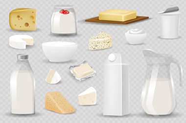Mandıra ürünleri gerçekçi stil vektör illüstrasyonuna izole edilmiş. Farklı doğal süt içecekleri ve yiyecekler, boş etiketli 3D ambalaj, yoğurt, tereyağı ve peynir.