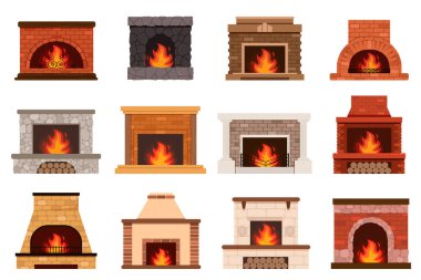 Fireplace color flat icons set. Fireplaces and hearths design elements set. Collection of various fireplaces. Home fireplace collection