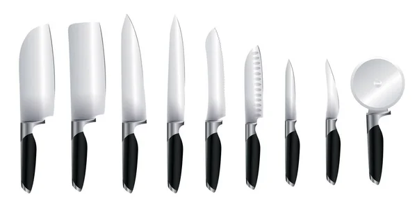 Kuchyňské Nože Visí Izolovaně Kuchař Seká Sekeru Vaří Příbory Ostrý — Stockový vektor