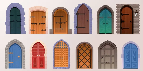 Stock vector Cartoon set of medieval castle doors on white. Vector cartoon set of entrance in vintage house, castle or temple. Colored ancient doors from wood planks isolated