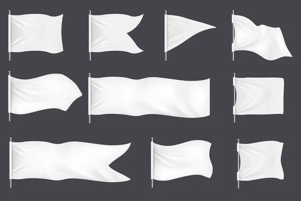 Realistiska Flaggor Vit Blank Textil Skyltar Och Vinka Tyg För — Stock vektor