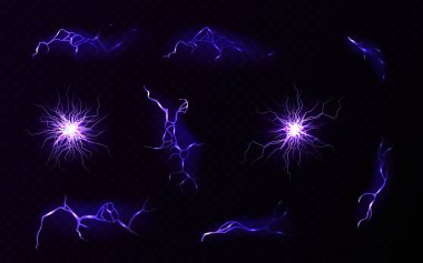 Yıldırım, yıldırım çarpması, kırmızı çarpma, çatlak, sihirli enerji flaşı. Gece gök gürültüsü ışınları, elektrik yükü ve gök gürültüsü izole edilmiş vektör.