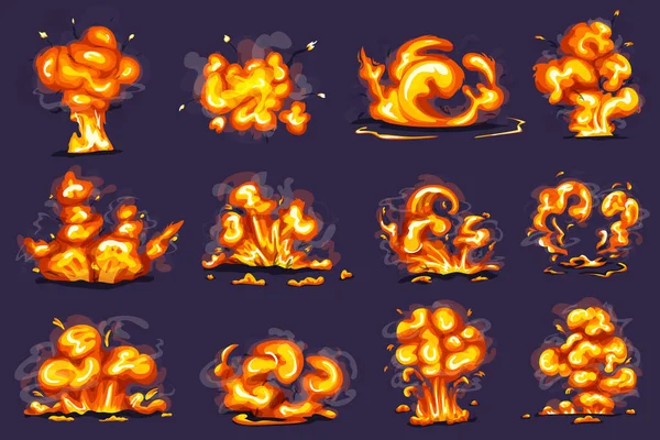 Brand Explosie Animatie Sprite Vector Set Cartoon Magische Hit Effect — Stockvector