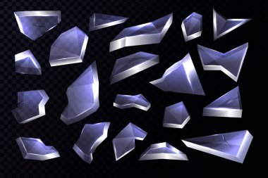 Broken glass shards set isolated on transparent background. Realistic explosion sharp particles, different 3D pieces. Damaged window backdrop