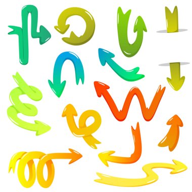 Arka planda izole edilmiş tuhaf oklar var. Uygulama ui tasarımı için Retro çizgi roman sarmal şekil işaretçisi. Oklar soyut yaratıcı tasarım şekilleri.