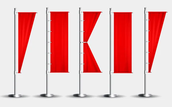 Реалистичные Баннерные Флаги Красные Пустые Текстильные Знаки Размахивание Тканями Рекламы — стоковый вектор