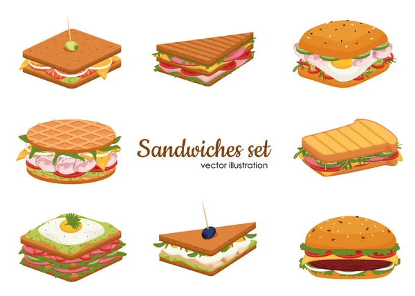 Ensemble Délicieux Sandwichs Juteux Remplis Légumes Fromage Viande Bacon Sandwichs — Image vectorielle