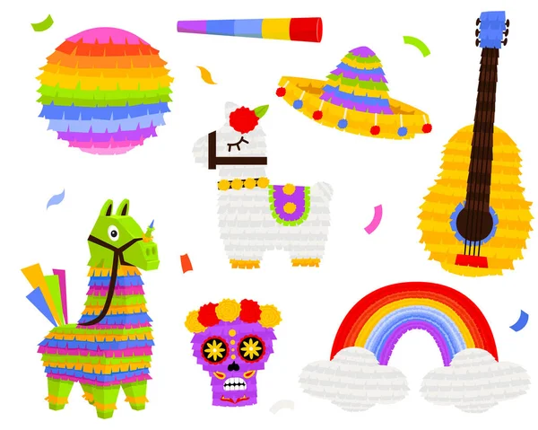 stock vector Mexican pinatas donkey and llama, colorful toys with treats. Mexican Party