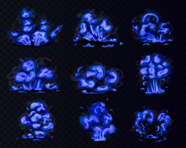 Mavi yangın patlaması, animasyon perisi vektörü ayarlandı. Çizgi film hit efekti animasyon kiti. Oyun için patlama bulutları ve duman elementleri. Mobil animasyon için atomik çizgi roman fünyeleri