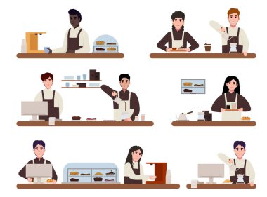 Bir grup kafe çalışanı. Önlüklü barista kahve yapıyor, kapuçino yapıyor, kahveye süt koyuyor. Kafe bar geçmişi. el çizimi biçim