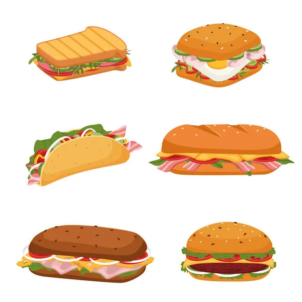 Set Delicious Juicy Sandwiches Filled Vegetables Cheese Meat Bacon Crispy — Wektor stockowy