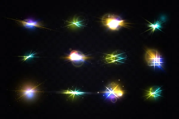 Blixt Realistiska Nödraketer Glödande Effekter Sparkle Bländare Samling Vackra Ljusa — Stock vektor