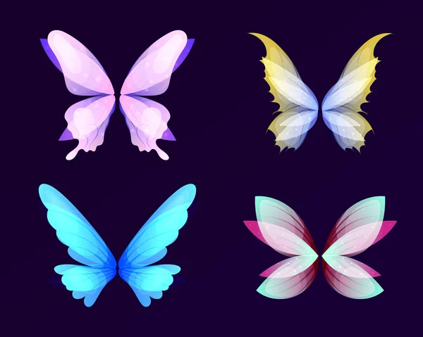仙女之翼 龙之翼 蝴蝶之翼 矢量漫画一组翅膀对魔法和幻想人物和动物隔离在白色背景下 — 图库矢量图片
