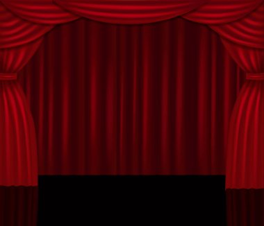 Realistic red curtains and stage with fairy glow, vector background. Award show. Stage red drapery and spotlights. Movie night or showtime.