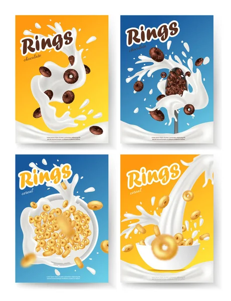 リングが隔離された朝食シリアル現実的なポスターセット 健康的な朝食の概念 3DリングシリアルまたはCheerios広告テンプレート — ストックベクタ