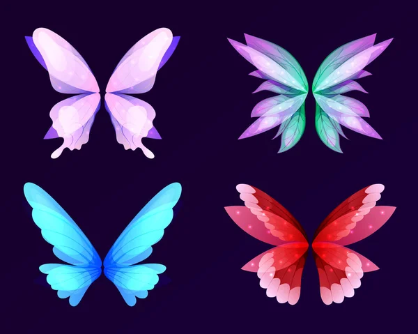 不同的翅膀仙女蝴蝶天使 蝴蝶翅膀隔离在黑色 神话设计的卡通矢量插图 — 图库矢量图片