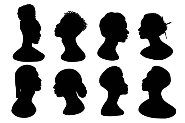 Набор Векторных Черных Мужчин Женщин Люди Силуэты Профиля Векторная Иллюстрация — стоковый вектор